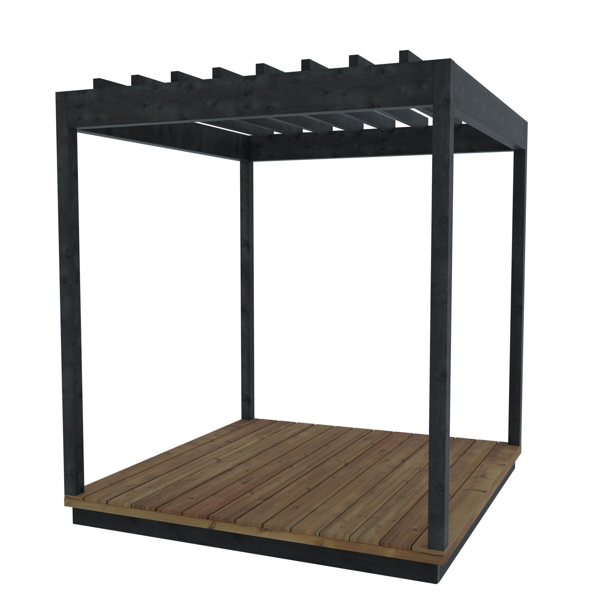 ThermaSol Nordic Misty Pergola Large exterior showing dark heat-treated spruce frame, open rafters and aspen floor in outdoor garden setting