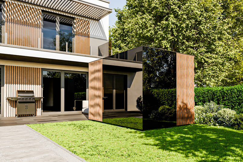 ThermaSol Ombra Sauna Cabin exterior showing Stopsol Bronze full-height glass and IPE Lapacho wave accent cladding